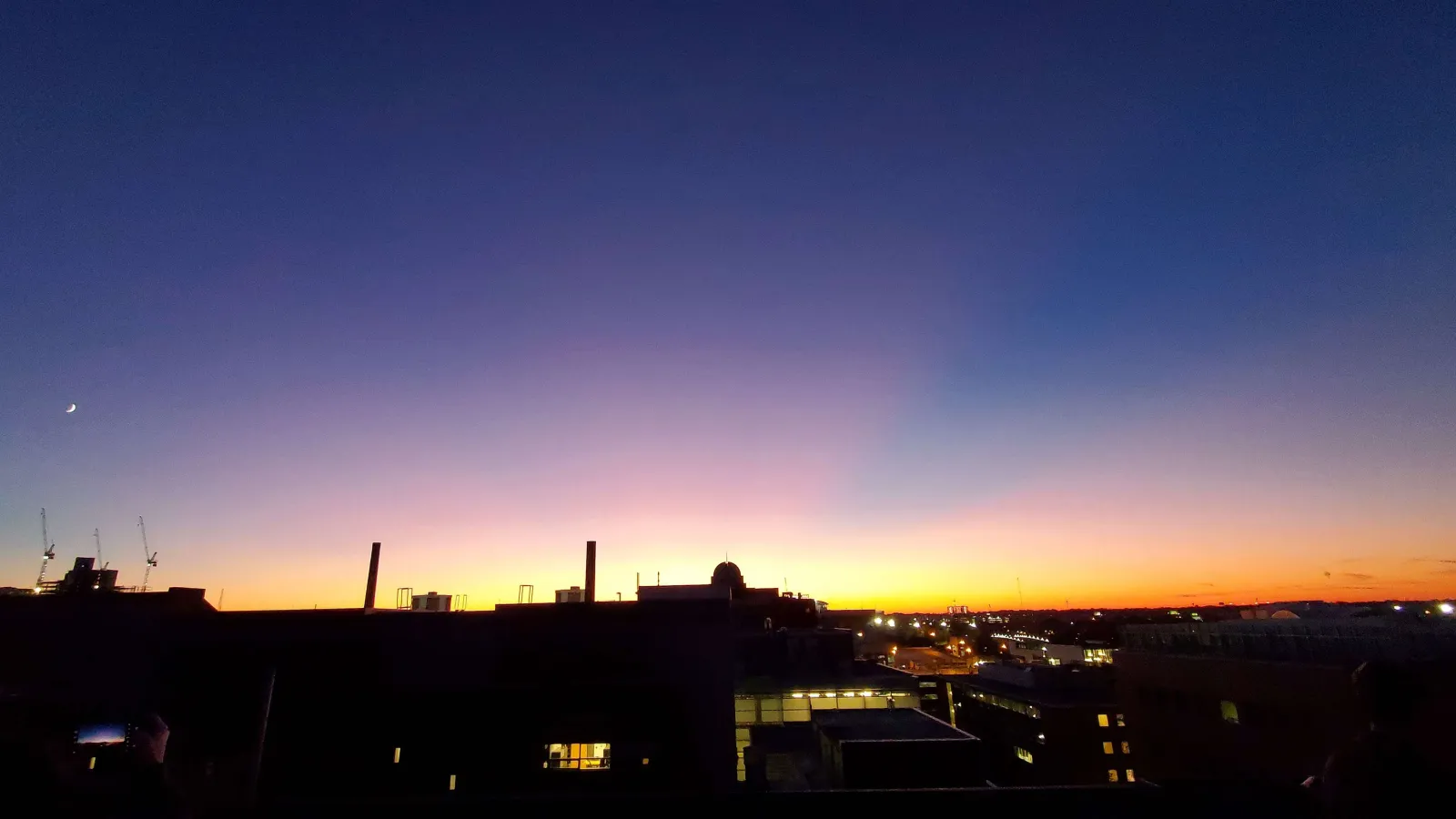 Sunset from the roof of smith lab with purples blues and oranges.